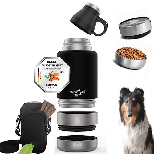 ThermoTom Pets Trinkflasche Hunde unterwegs • Hundetrinkflasche mit Reisenapf Hund, Fressnapf, Futternapf & Trinknapf • Reisetasche Hunde Zubehör • Gassi Tasche Hund • 1L Schwarz, BPA-Frei