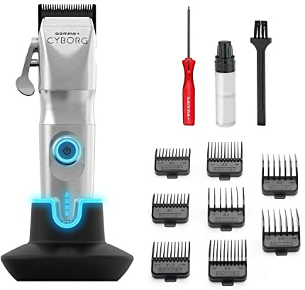 GAMMAPIU’ Cyborg Professional Hair Clippers for Men, Hair Clipper with Digital Brushless Motor, 45mm Adjustable Blade Zero Gap, 200 Minutes Cordless Running Time, 8 Combs, Charging Stand, Metal Body