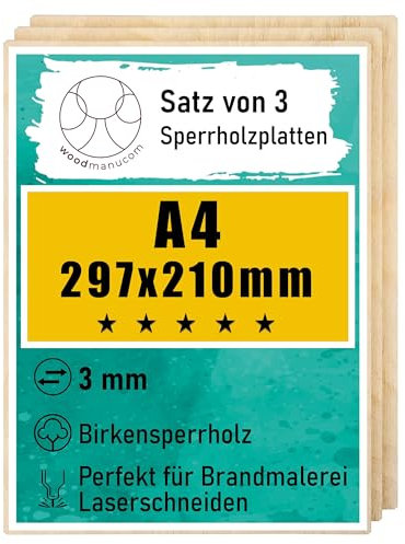woodmanucom Sperrholzplatte 3mm Platten Aus Birkensperrholz Birkensperrholz Dünne Holz Zuschnitte Bastelholz Platte Sperrholz Holzplatte Laser Basteln Modellbau Holz Deko 3 Stk A4 210 x 297 mm