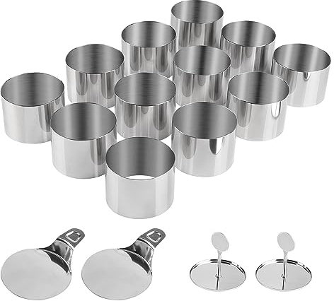 SWAWIS 12 Pièces Cercle à Pâtisserie Set, Ø7.5cm Cuisson Anneau à Gâteau avec Élévateur et Pilon, Emporte Piece Patisserie, Anneaux de Pâtisserie pour Desserts Biscuits Pâtisseries Gâteaux(Rond)