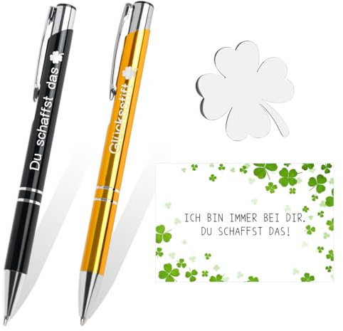 Aurasky Mutmacher Geschenk Set, Kugelschreiber mit Gravur, Glücksbringer Kleeblatt, Du Schaffst Das, Aufmunterung Geschenke für Familie Freund Kollege Prüfung Gute Besserung Abschied