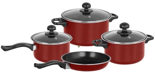 Gr8 Home 7 Piece Non Stick Kitchen Cookware Set Cooking Pot Frying Pan Saucepan with Glass Lids (Red)