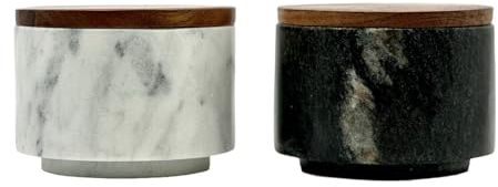 Savvy East Marble Salt Cellar Pepper Cellar Set, Stackable Large Black/Grey & White Salt and Pepper Holder Duo w/Air-Tight Tops, Space-Saving Multi-Purpose Spice Pinch Pots, Marble Salt Pigs with Lids