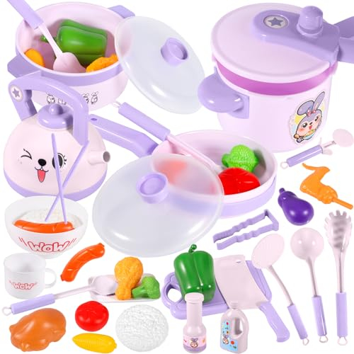AQXONG 31 Pcs Accesorios de Juguetes de Cocina para Niños, Juguetes de Cocina con Ollas y Sartenes, Juego de Roles de Chef Infantil para Niños y Niñas de 3 4 5 6 7 8 Años