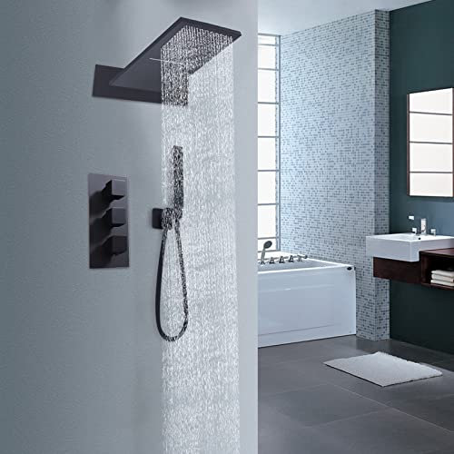 Set di rubinetto da doccia da incasso, nero, doccia con termostato quadrato, soffione a pioggia, multifunzione, in acciaio inox, doccia a pioggia, per cascata, pioggia, tenuto a mano 3