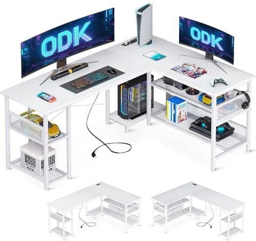 ODK L Shaped Gaming Desk, 150 x 102 cm Reversible Computer desk with 2 Sockets and 2 USB Charging Ports, Corner Desk with Storage for Home Office, White