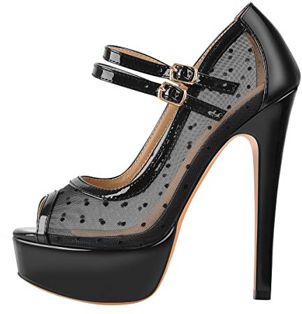 MissHeel Plateau Mary Janes Mesh Riemchenpumps High Heels Schnallen Knöchelschnallen Schwarz EU 41