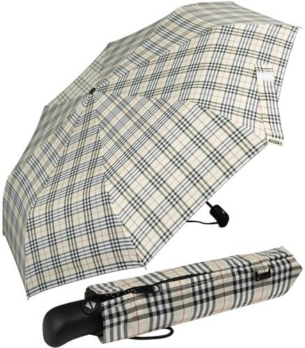 iX-brella First Class – Regenschirm mit Auf-Zu-Automatik - stabil groß sturmfest - Karo beige