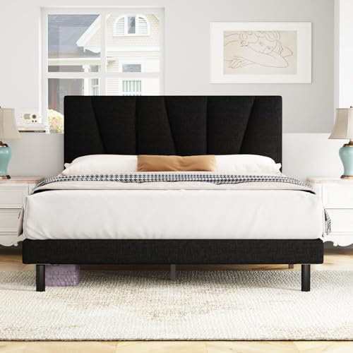 Molblly Polsterbett 90 x 200 cm Bettgestell Einzelbett Doppelbett Designbett mit Lattenrost Holzlattenunterstützung Kopfteil in Schwarz, Bettrahmen 90x200