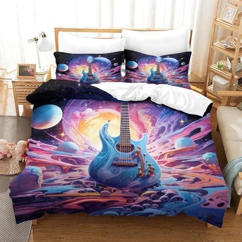 BEDPOCHY Gitarre Bettwäsche-Set 3-teilig Leicht Weiche Mikrofaser Mit Kissenbezug Musik Bettbezug-Set Mit Reißverschluss Für Jungen Mädchen Teenager Erwachsene Super King（260x220cm）