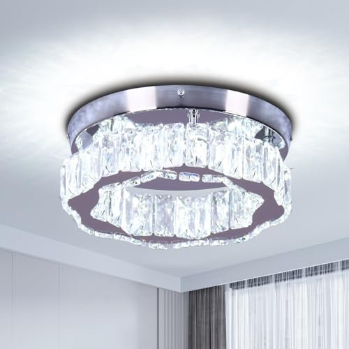 Cainjiazh Kristall Flush Mount Deckenleuchte Kleiner Kronleuchter Deckenhalterung für Flur Foyer Küche Schlafzimmer Esszimmer 10.43 Zoll,Kühles Weiß