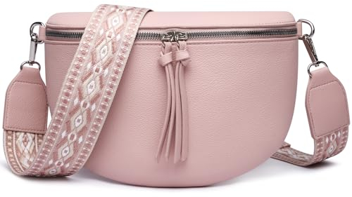 FOMAX Bauchtasche Damen, Crossbody Bag Breiter Schulterriemen im Bohemian Style, Umhängetasche Groß Extra Reißverschlussfach, silberner Doppel-Reißverschluss, Cross Body Schultertasche