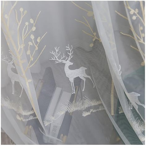 PSKJHN Hirsch Muster Voile Vorhang Stickerei Fenster Transparent Gardinen, Mit Ösen/Bleistift Falte 2 Stück Für Wohnzimmer Schlafzimmer Indoor Vorhänge, W140xL180cm,Hook up