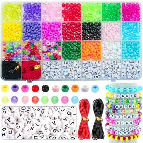 Liangding 940 Stück Perlen zum Auffädeln, 7x4mm Pony Bead Großes Loch mit 18 Farben Fädelperlen Set, Armbänder Selber Machen Kinder mit 200 Buchstaben, Schmuckherstellung Basteln