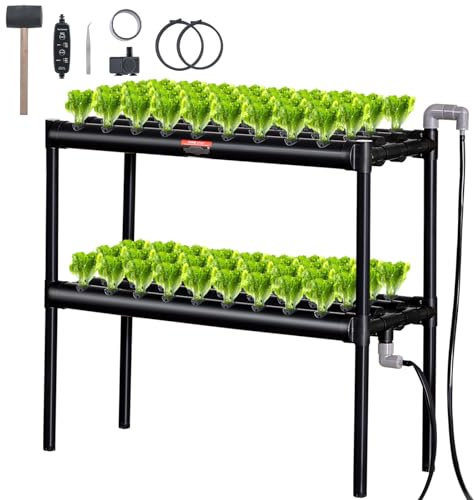 VEVOR Sistema de Cultivo Hidropónico, 72 Sitios, 2 Capas, Tubos de PVC Gris Oscuro, Kit de Cultivo Hidropónico con Bomba de Agua, Temporizador, Cestas y Esponjas para Frutas, Verduras, Hierbas