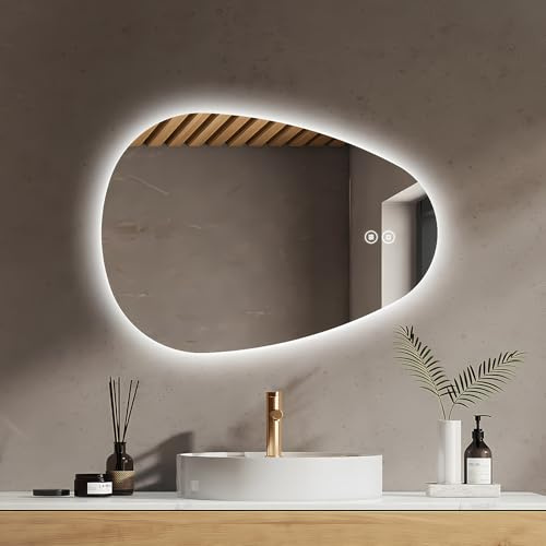 EMKE Badezimmerspiegel mit Beleuchtung Asymmetrischer Spiegel 70 x 50 cm mit Touch-Schalter, 3 Lichtfarben Dimmbar, Beschlagfrei Badspiegel mit Beleuchtung IP44