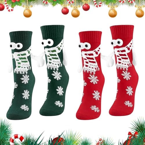 DTXYBC 2 Paar Lustige Magnetische Weihnachtssocken, 3D Puppe Paar Socken Unisex, Hand in Hand Socken, Weihnachtssocken Mit Magnetarmen, Magnetische Christmas Socks Geschenk für Paare Familie