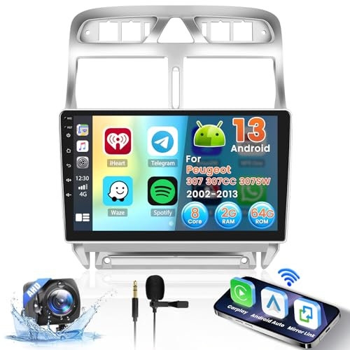 8 Core 2+64G Android 15 Radio para Peugeot 307 307CC 307SW 2002-2013 Soporta Wireless Carplay y Android Auto, 9 Pulgadas Pantalla Táctil Estéreo Radio con Bluetooth 5.0 EQ de 32 Bandas GPS FM/RDS SWC