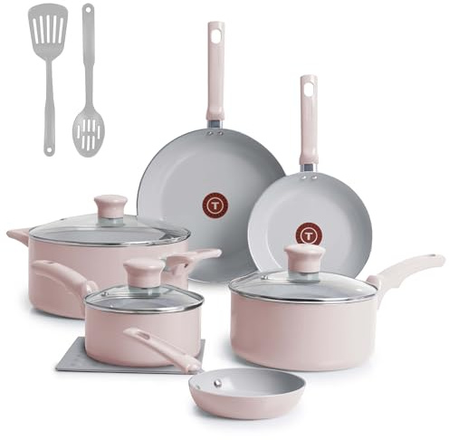 T-fal Refresh Batterie de cuisine en céramique antiadhésive 12 pièces Passe au four 350 F Rose poudré