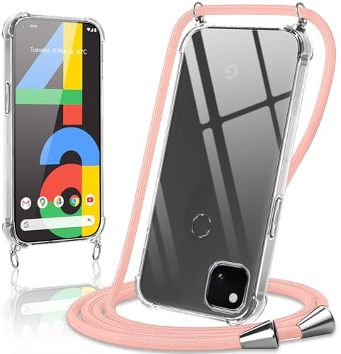 Coiwxmoi Handyband Handyhülle für Google Pixel 4a Hülle mit Band 5,81,Transparent Case mit Kette Abnehmbar zum Umhängen Kordel Schutzhülle,Weich Silikon Stoßfest Cover für Google 4a 4G,Roségold