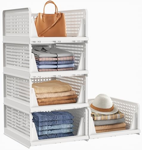 SIMPDIY Storage Baskets Wardrobe Storage Organiser, 5 Pack Folding Storage Boxes, Stackable Storage Drawers Clothes Storage, Plastic Cupboard Organiser Shelves Baskets for Bedroom Wardrobe