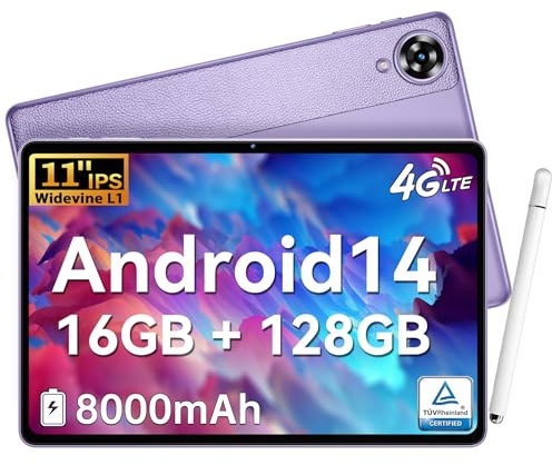 OUKITEL OT11 Tablet 11 Zoll, Android 14 mit 8000mAh, 16GB RAM + 128GB ROM (1TB TF), 1280x800 FHD | 5G WiFi | 4G SIM | BT5 | 5MP + 13MP | GMS-Zertifiziert | Tablet mit Stift, Lila