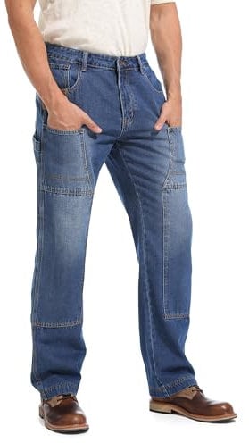 Jeans Work Trousers Men's Skater Everyday Trousers Carpenter Jeans Worker Cargo Loose Fit with Knee Reinforcements, blue, 34 W/30 L