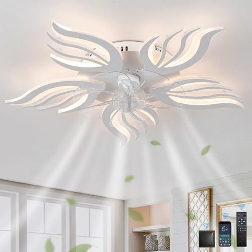 GWYAJTU Ventilador Techo Con Luz Con Mando A Distancia APP,LED Regulable Lámparas Con Función De Memoria,6 Velocidades Reversible Flor Ceiling Fan with Light Con Para Dormitorio, Blanco