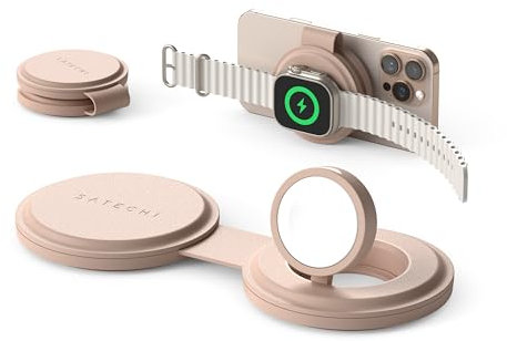 SATECHI OntheGo™ Caricatore Wireless 2 in 1 Pieghevole, Stazione di Ricarica Rapida Qi2 da 15W per tutti gli iPhone 17 16 15 fino a 12, 5W per Apple Watch e AirPods, Caricatore a Induzione – Rose