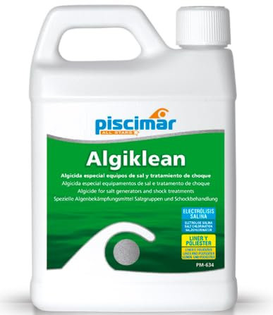 PM-634 Algiklean Doble acción: algicida y abrillantador. Especial Equipos de Sal y Tratamiento Choque. Botella 1.1 Kg.