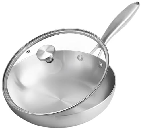 ALZUBAIDI Edelstahl Pfanne unbeschichtet (Ø 26 cm) oder (Ø 28 cm) ofenfest bis 260 Grad Perfekt für heißes Anbraten mit Glasdeckel Bratpfanne Induktion, ofenfest spülmaschinengeeignet