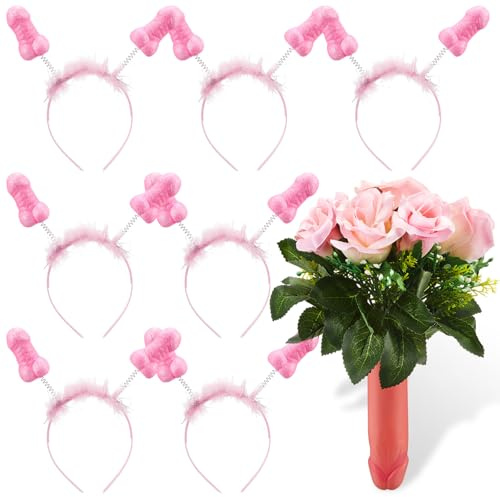Boyiee Penis JGA Accessoires Set 1 Stück 25 cm Penis Blumenstrauß und 7 Stück Penis Haarreifen Pimmel Bouquet Penis Kopfschmuck JGA Scherzartikel für Frauen Männer Junggesellenabschied Party