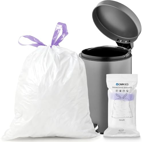 AOMKES Drawstring Bin Bags 5 Litre,Small Pedal Bin Bags,5-8L Bin Liners,Waste Bag Trash Bags for Bathroom,Toilet,40 Count,White