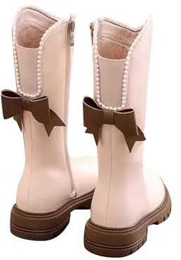 Stivali alti invernali per bambini e ragazze, con decorazione a fiocco, suola in gomma antiscivolo, isolati termicamente, stivali lunghi in pelle stile principessa, per giorno della neve, Beige, 34 EU