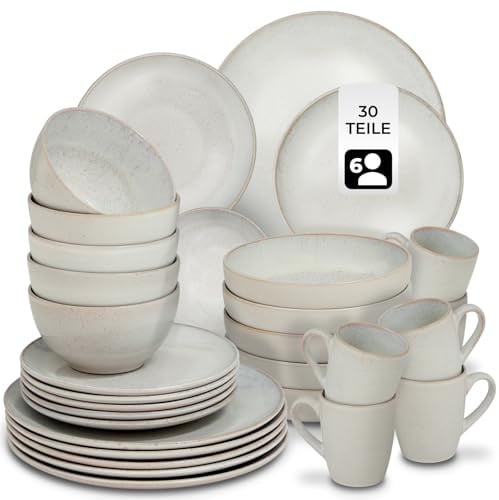 tectake® 30tlg. Kombiservice 6 Personen, Steingut Geschirrset 6 Personen, handgefertigtes Teller Set mit Schüsseln und Tassen, Geschirr Set spülmaschinen- und mikrowellengeeignet - North Beach