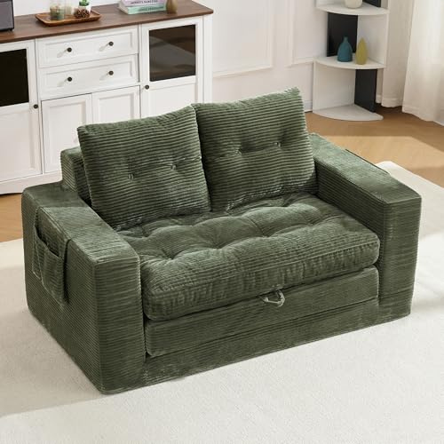 staronce 2-Sitzer Sofa Cord ausklappbar Schlaffunktion grün | Zweier-Sofa mit Seitentaschen & breiten Armlehnen, Klappsofa mit Bettfunktion für Wohnzimmer, Schlafzimmer & Büro