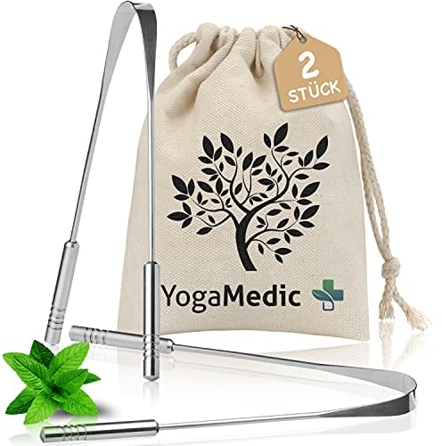 YogaMedic Zungenreiniger 2 Stück 100% Edelstahl- Handgefertigt, Ayurveda Zungenschaber gegen Mundgeruch- Zungenspachtel mit Travel Case aus 100% Baumwoll, Schaber für Zungen, Zungenpflege Reiniger Set