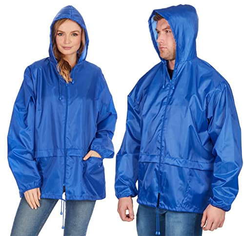 Style It Up Unisex Mens Ladies Water Resistant Plain Raincoat Kagools Jacket Hooded Cagoule (Royal, 2XL)