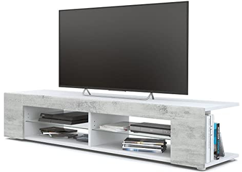Vladon Lowboard Movie, TV-Kommode mit 4 offenen Fächern und Zierleisten, Weiß matt/Beton Oxid-Optik (134 x 29 x 39 cm)