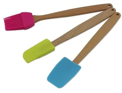 Zenker 30939 Kit d'ustensiles à pâtisserie, spatule à pâtisserie, Pinceau de pâtisserie, Bois, Silicone, Rose, Vert, Bleu, 20 cm