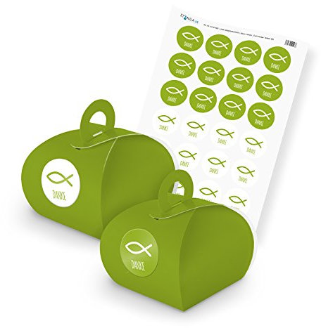 itenga SET Fisch grün Danke (Motiv 89) 24x Geschenkschachtel mit Griff grün + Stickerbogen