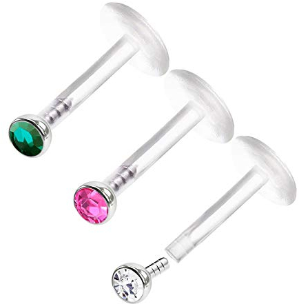 KJM FASHION 3 STK Flexi Push In Lippe 1,2mm 16 Gauge 6mm 1/4 2mm Kristallkugel Vertical Labret Marilyn Monroe Ohrringe Piercing Schmuck 0503