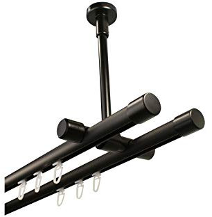 iso-design Gardinenstange Innenlauf schwarz 2-läufig Deckenmontage, 20 mm Durchmesser, großer Deckenabstand, Deckenhalter kürzbar, Endstück Kappe, 140 cm