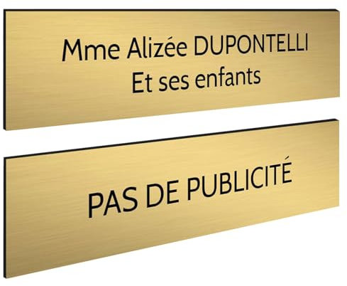 DECOHO - Plaque Boite aux Lettres Personnalisable - Lot de 2 plaques adhésives PMMA - Or brossé Lettres Noires - 100 x 25 mm, Gravure Las - Or