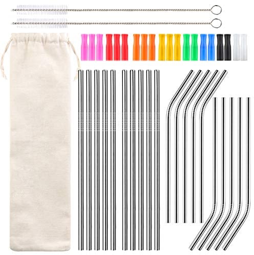 HX Lot de 20 pailles réutilisables en acier inoxydable avec 2 brosses et 10 embouts en silicone colorés 21,5 cm