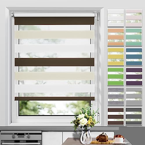 Allesin Doppelrollo Klemmfix ohne Bohren & mit Bohren, Duo Rollos für Fenster und Tür, Klemmrollo Fensterrollo lichtdurchlässig, Sichtschutz und Sonnenschutz, 60x120cm (BxH), Weiß-Beige-Braun