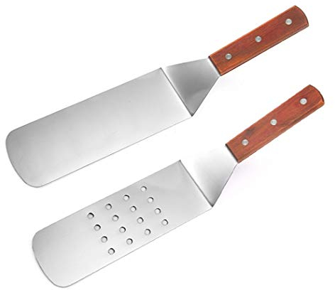 Hoshen Lot de 2 spatules en acier inoxydable Teppanyaki, spatule ajourée en métal, pour crêpes, hamburger, teppanyaki et poêle à frire, passe au lave-vaisselle – Poignée en bois