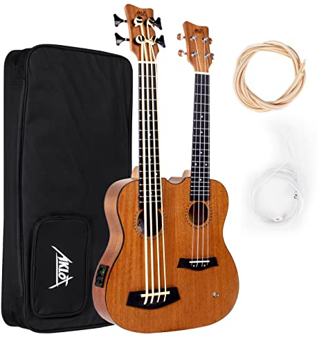 AKLOT Ukulele mit Doppelkopf/Hals, Ubass, maßgeschneiderte Kopfplatte, 4 und 8 Saiten, Mahagoni-Ukulele mit Gigbag