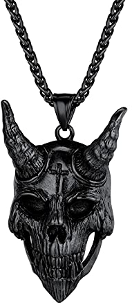 U7 Satan Baphomet Anhänger Schwarz Edelstahl Ziegen Totenkopf Halskette 55+5cm LaVey Satanischen Okkulten Punk Modeschmuck Accessoire für Vatertag Geburtstag