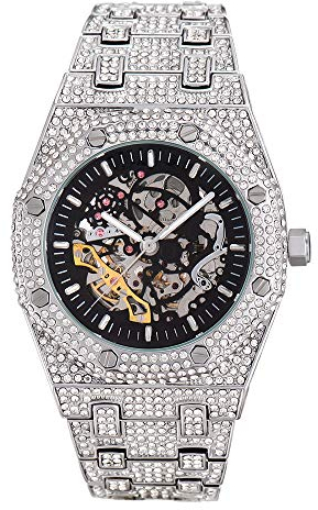 ICEDIAMOND 43MM Herren Full Lab Diamant Durchbrochene Handaufzug Automatik-Armbanduhr, Hip Hop vereiste Bling Zirkon Skelett Zifferblatt Luxusuhr (White) (Weiß)